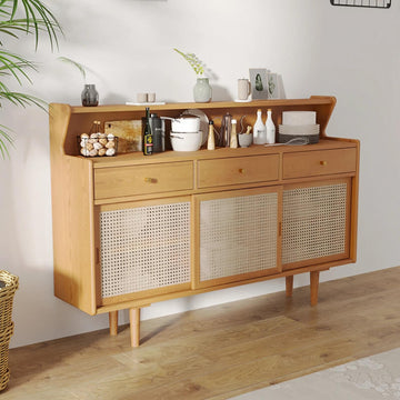 55" Modern Rattan Dresser - Natural - 3 Drawers, Shelves, Doors Included